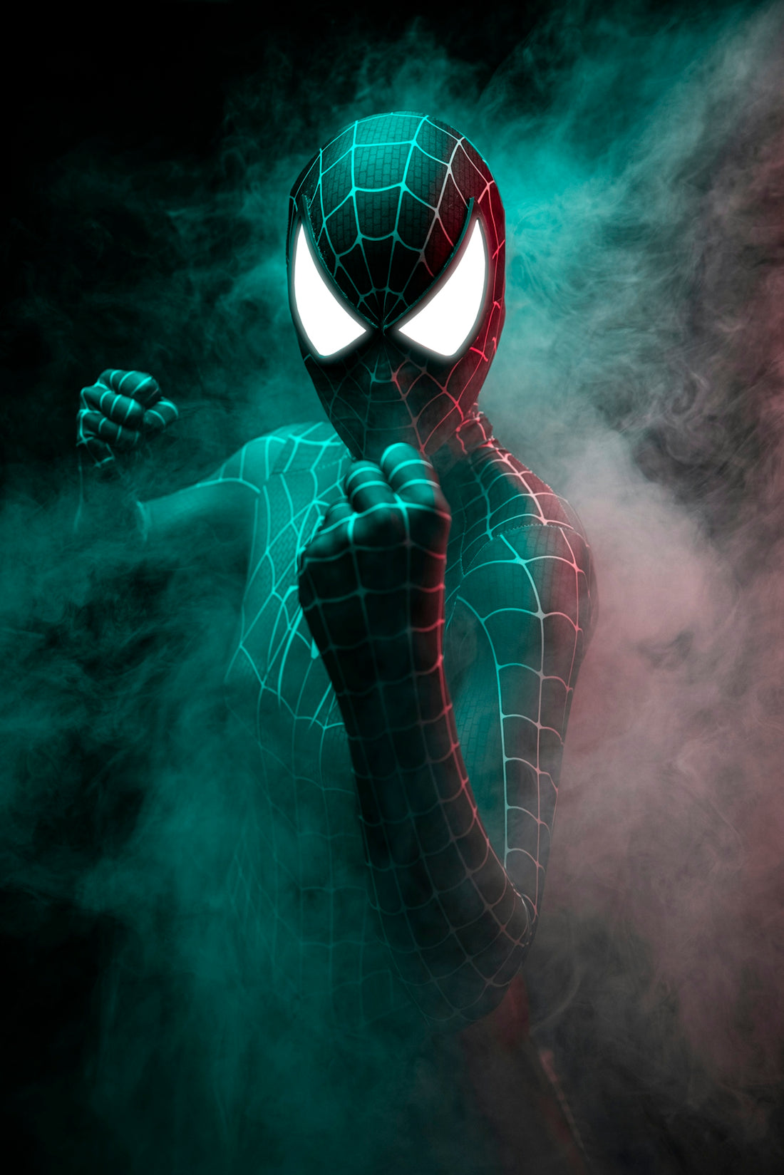 a spider - man in a suit with glowing eyes